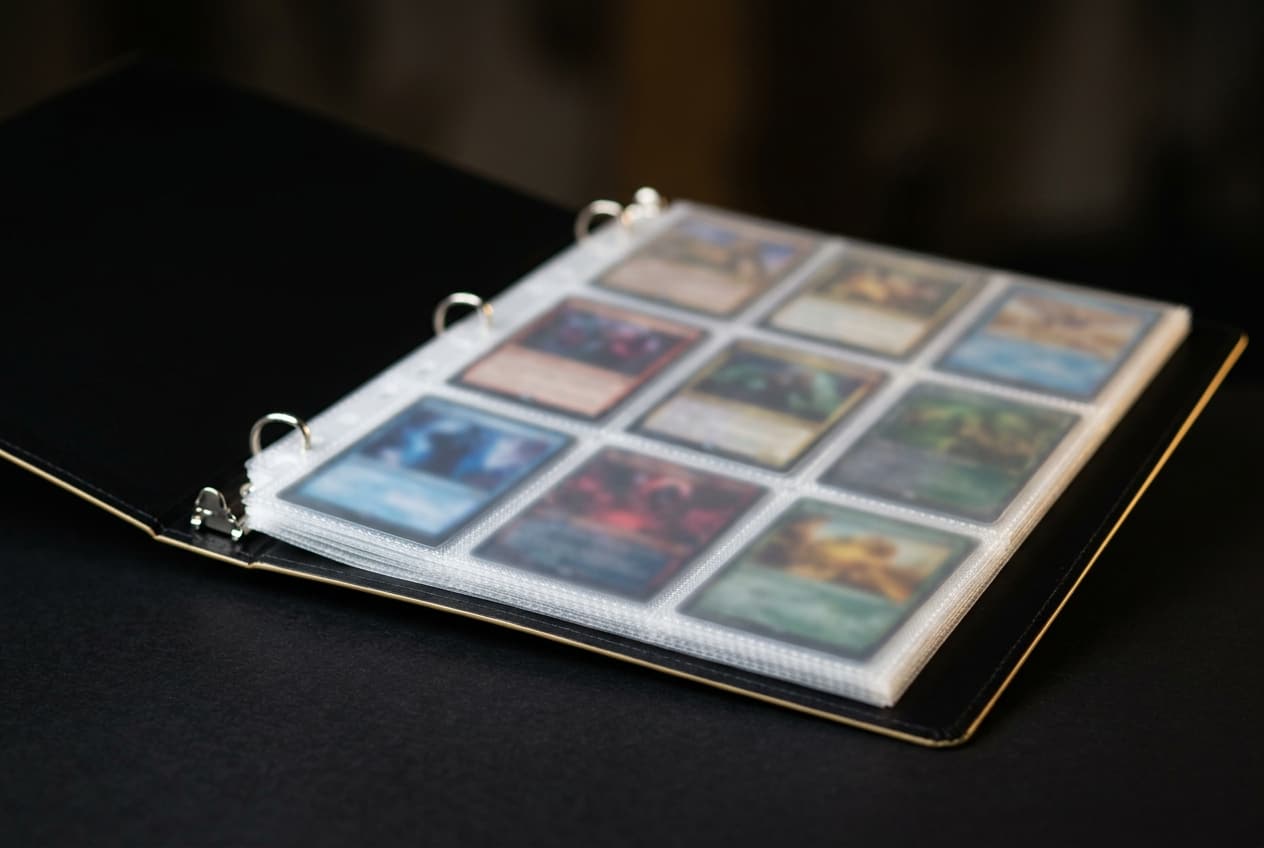 Open binder page with single Pokémon cards