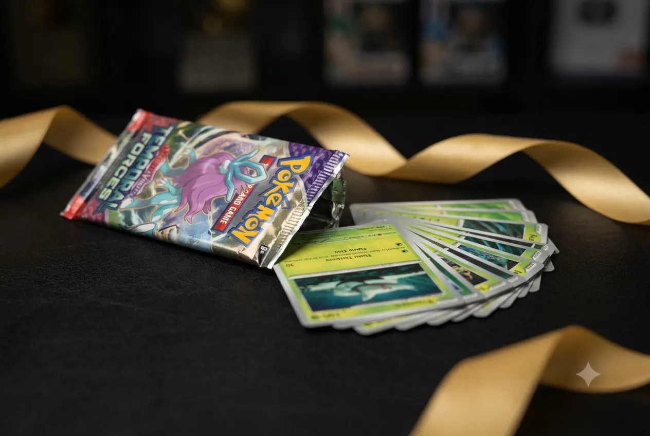 Booster pack die wordt geopend met Pokémon kaarten zichtbaar