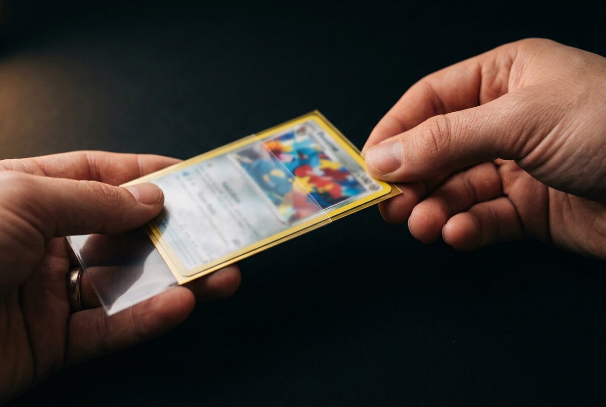 Two hands carefully sliding a Pokémon card into a sleeve on a dark surface