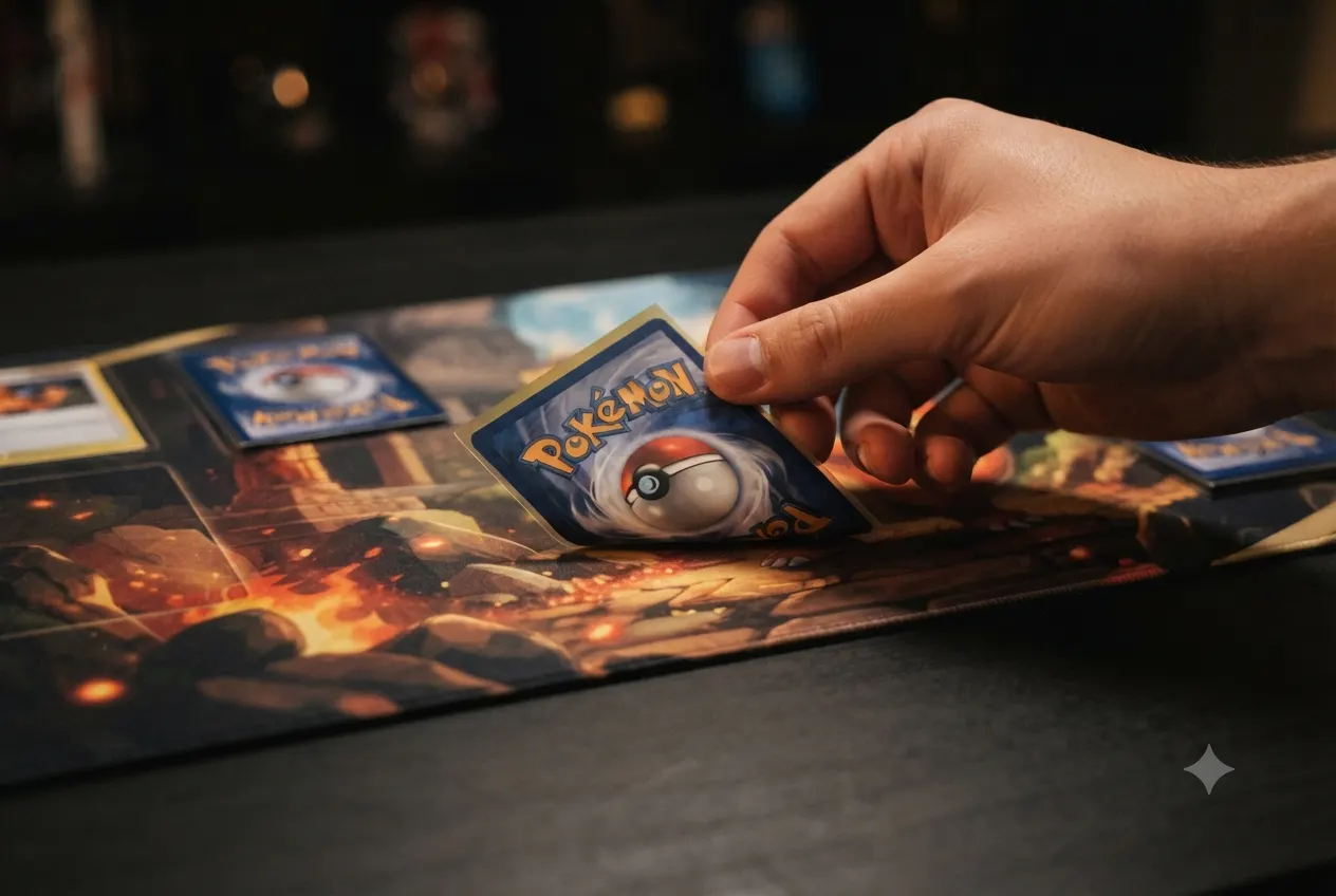 Close-up van een hand die een gesleevde Pokémon kaart van een playmat oppakt