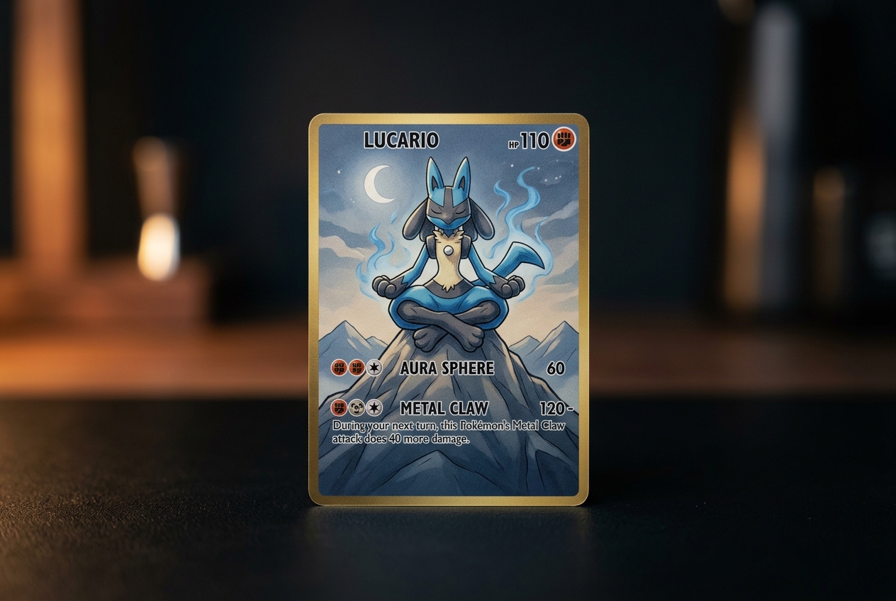 Een Pokémon-kaart met pijlen naar HP, aanvallen, zwakte en retreat cost