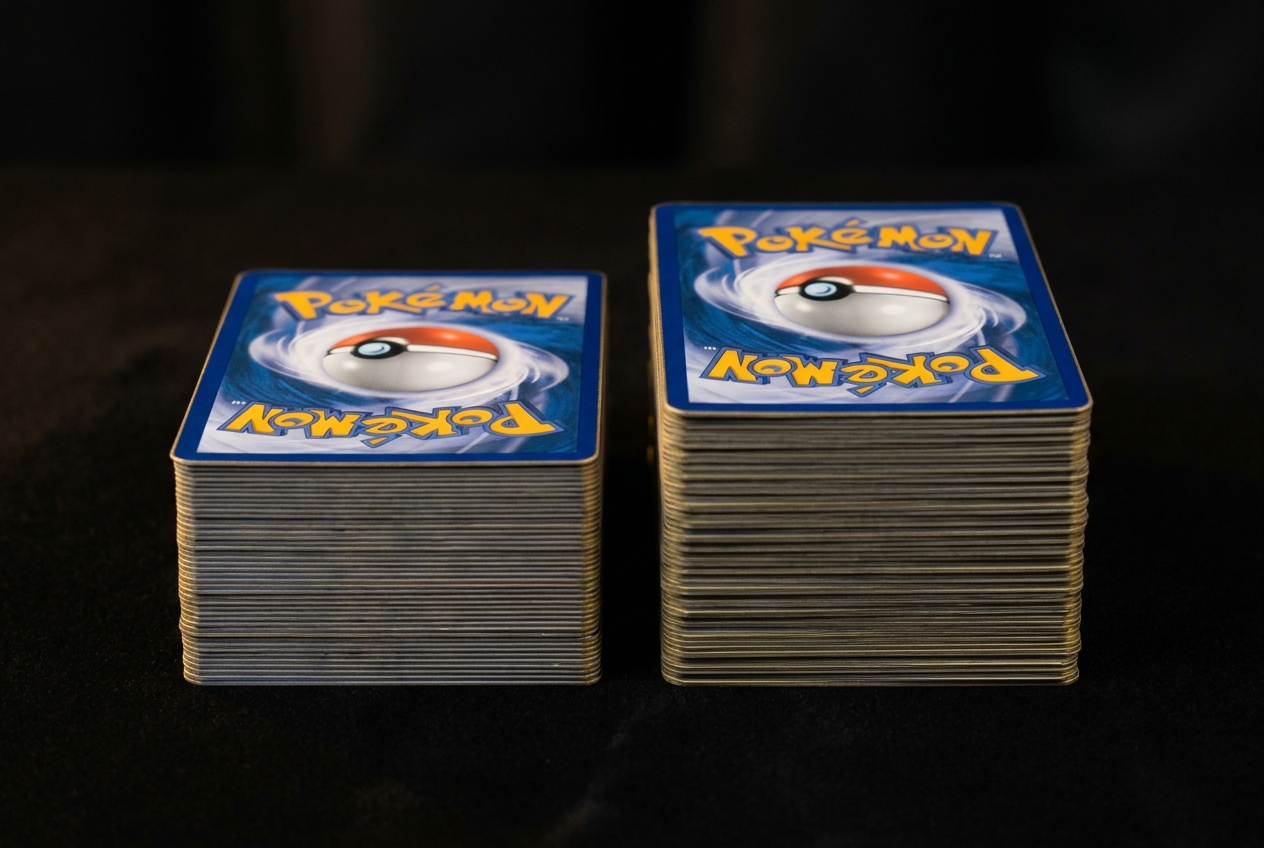 Two stacks of Pokémon cards side by side, the left one slightly narrower than the right