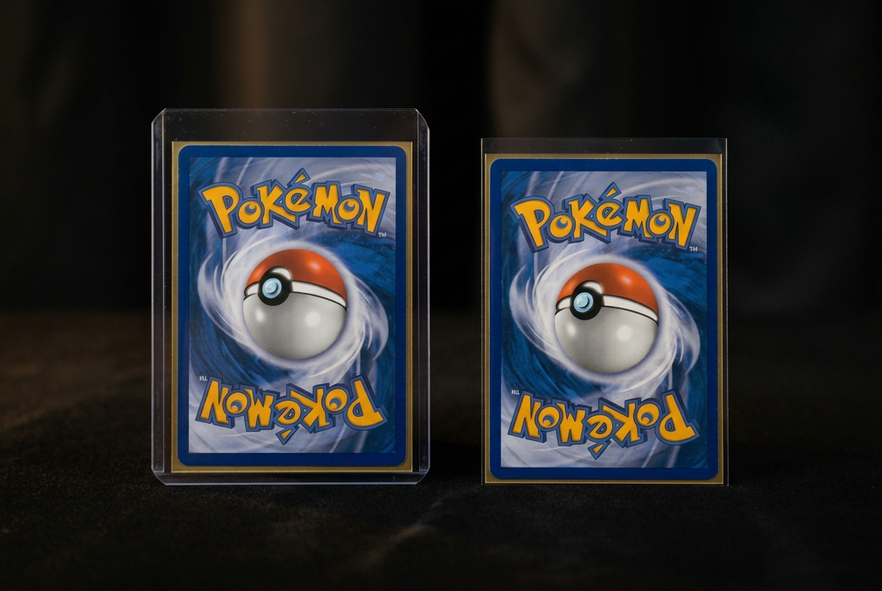 Een kaart in een toploader naast een kaart in een penny sleeve