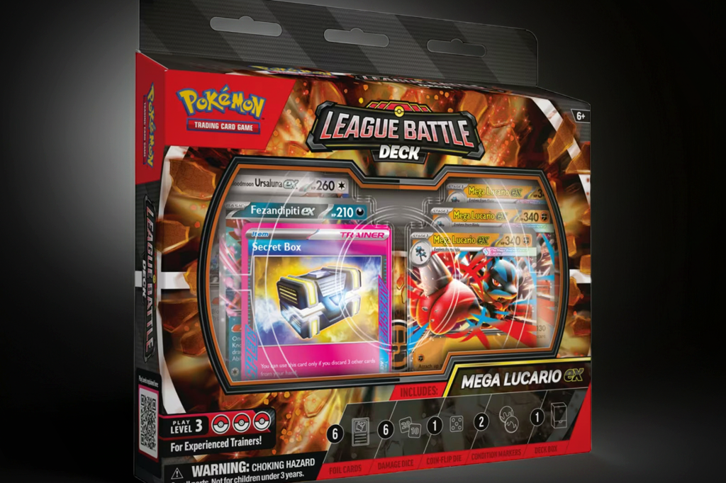 Pokémon TCG Mega Lucario ex League Battle Deck showing Pokémon and Trainer cards plus deck box
