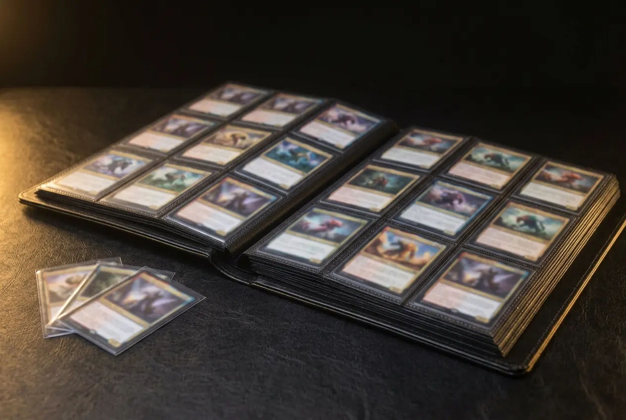 Open binder met gesleevde Pokémon kaarten op een donkere tafel