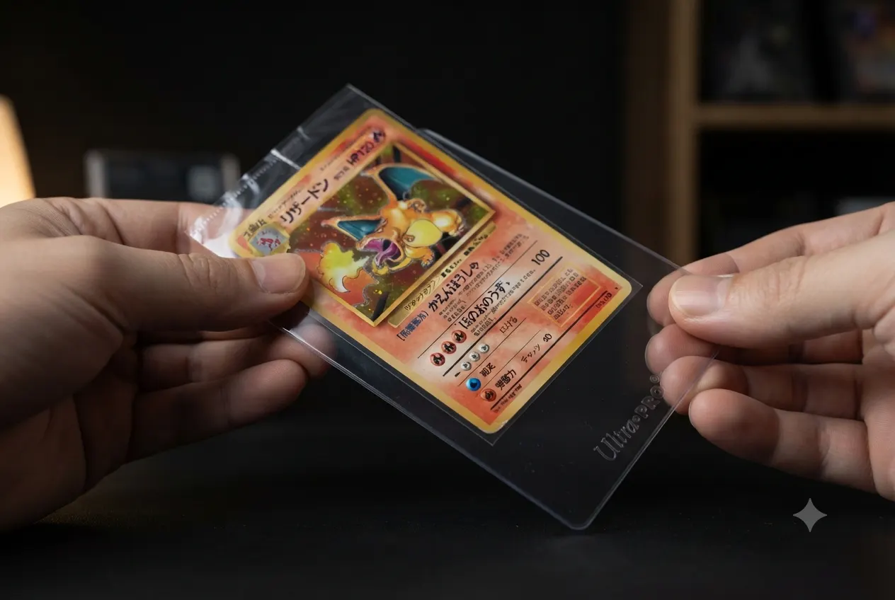 Card in a penny sleeve being slid into a toploader on a black surface