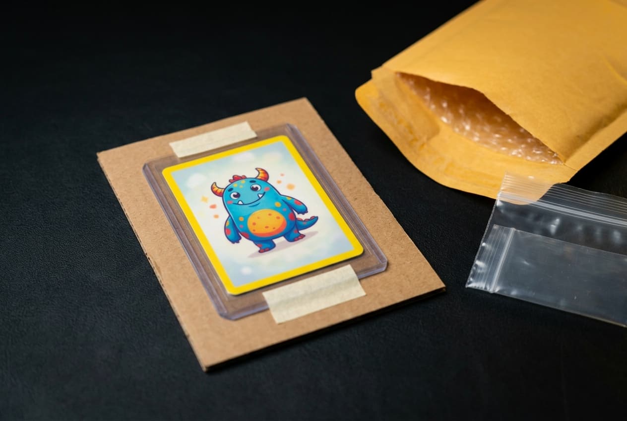 Toploader tussen twee stukken karton, klaar om in een enveloppe te gaan