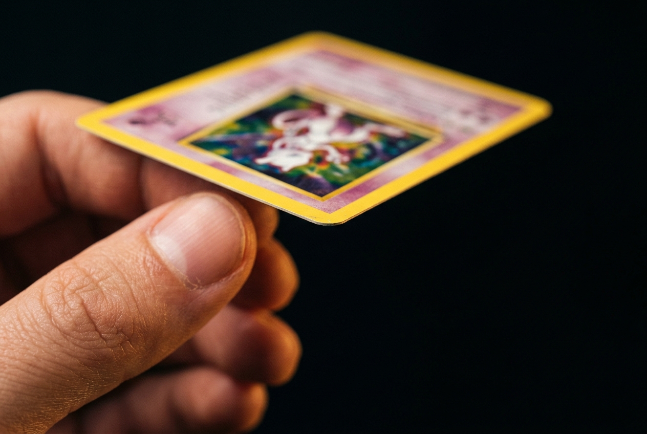 Close-up of a Pokémon card's corners being checked for damage