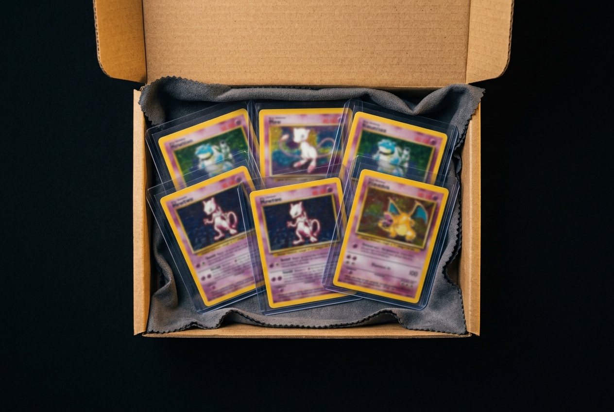 Protected Pokémon cards in toploaders, ready to be shipped