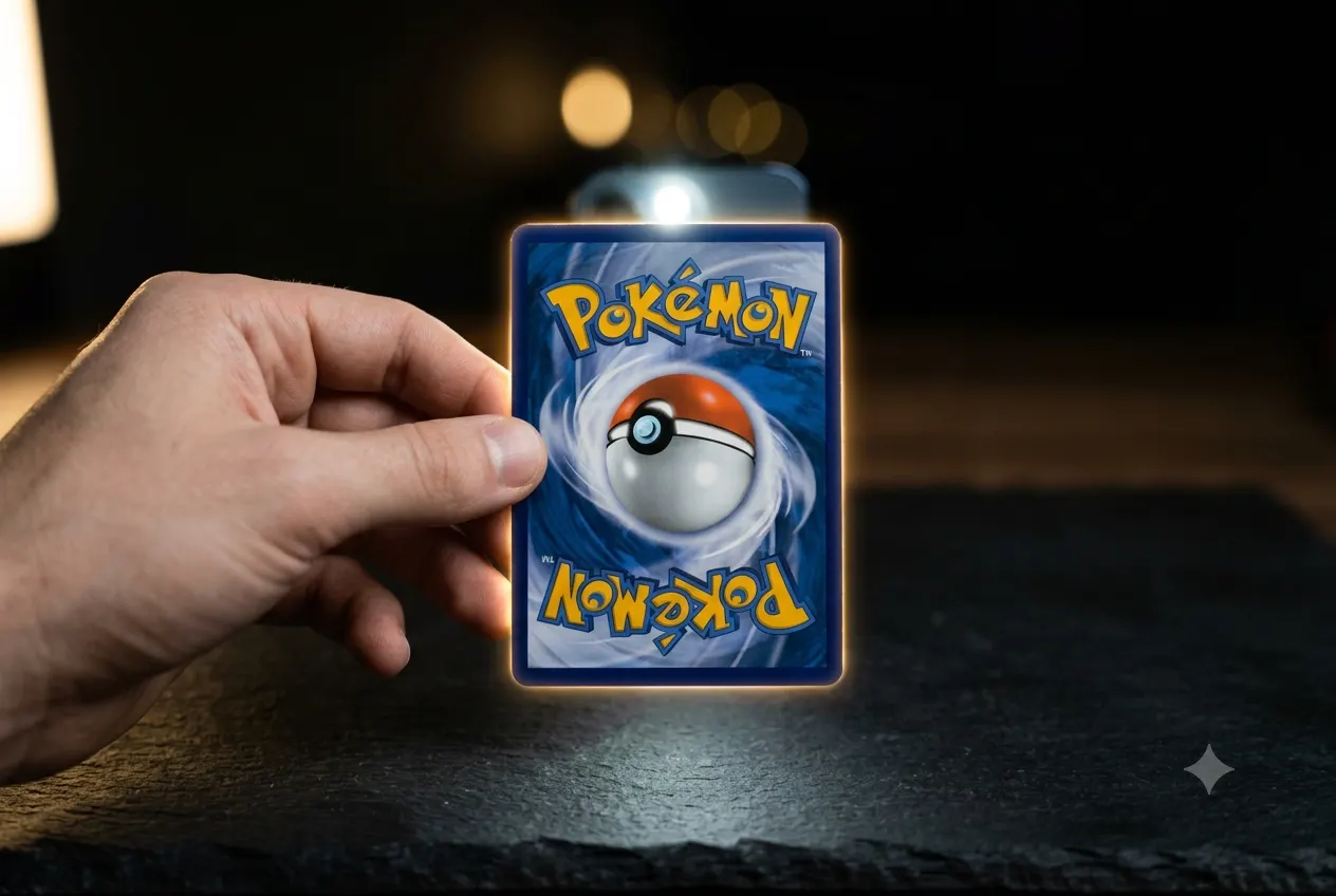 Pokémon card held up against a flashlight for the light test