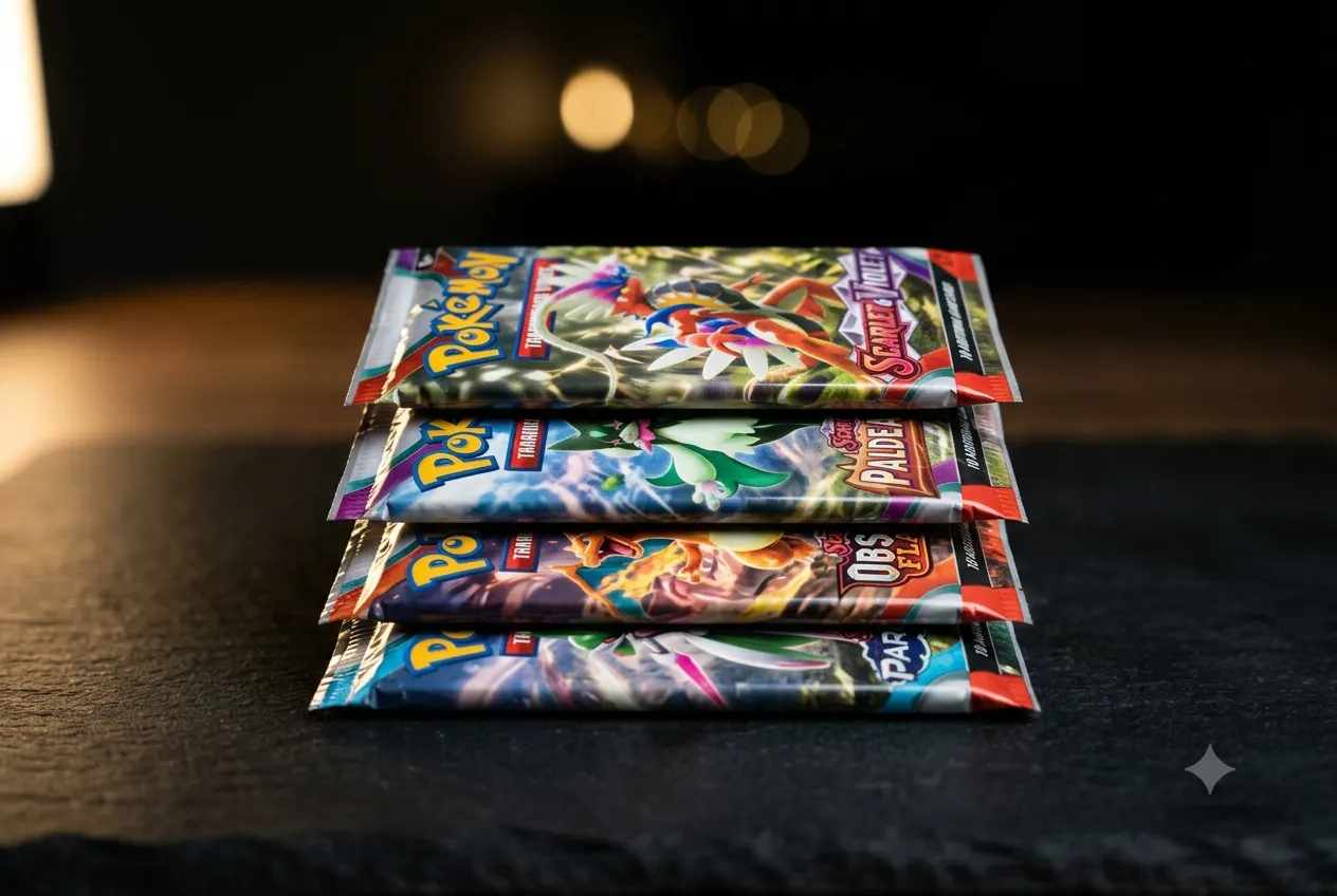 Sealed Pokémon booster packs on a dark surface
