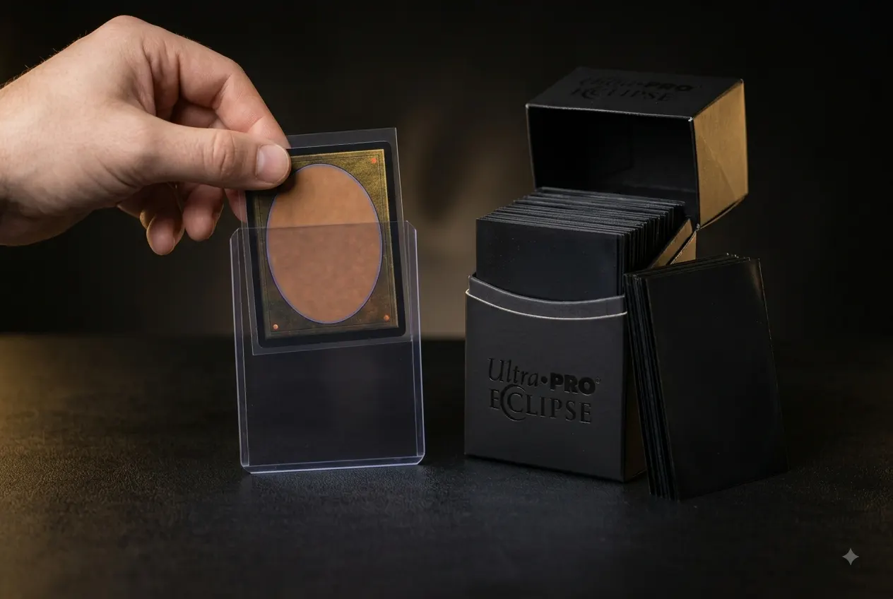Sleeved Pokémon card being slid into a toploader next to a deck box