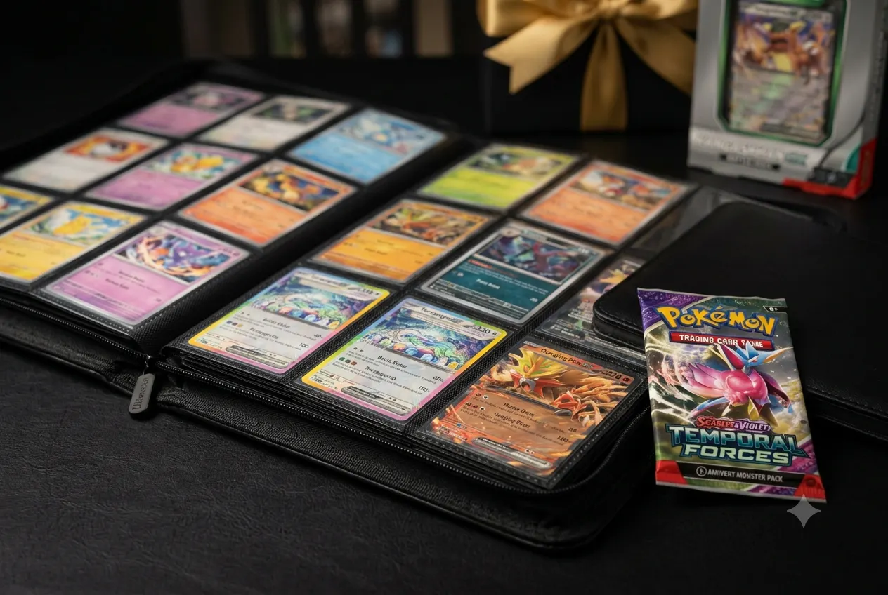 Booster packs op een open Pokémon binder met kaarten
