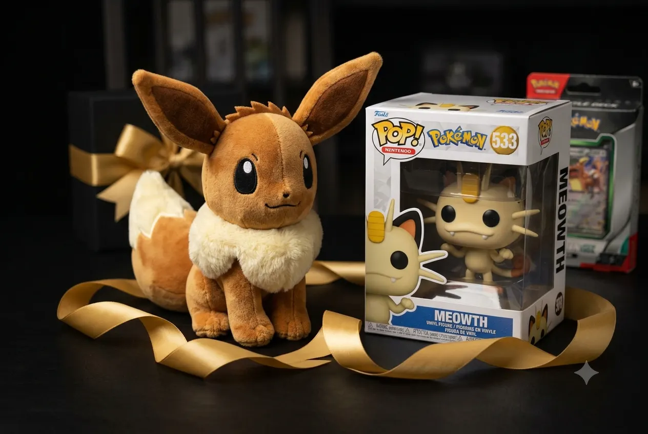 Pokémon Eevee plush naast een Funko POP figuur