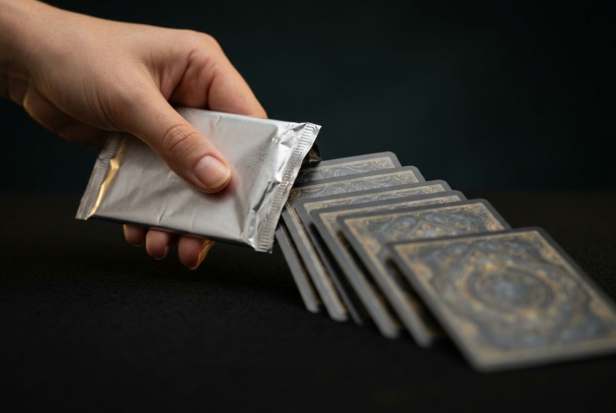 Hand houdt een geopende Pokémon boosterpack vast met kaarten erin