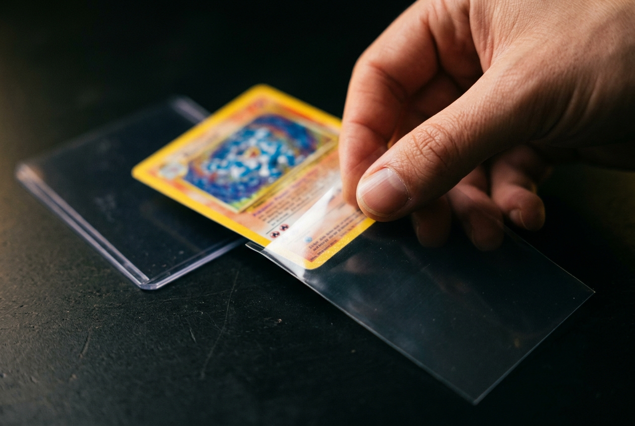 Een Pokémon-kaart wordt in een sleeve en daarna een toploader gestoken
