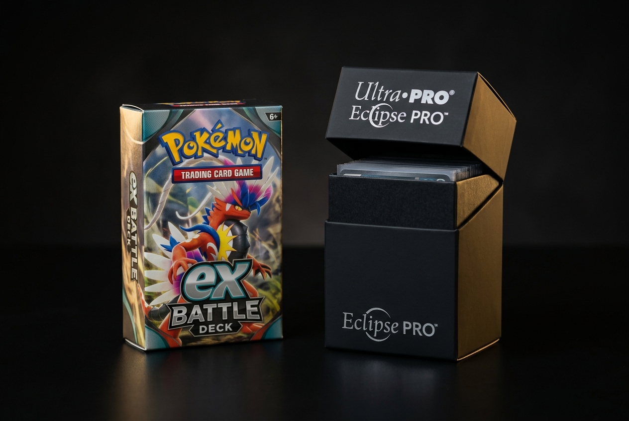 Een Pokémon battle deck naast een deck box