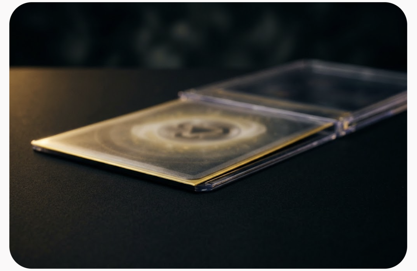 Pokémon card being slid into a toploader with gold rim light