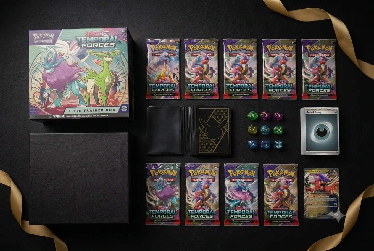 The full contents of an Elite Trainer Box laid out