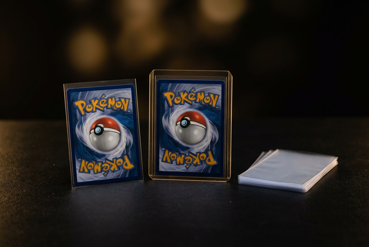 A card in a penny sleeve and toploader next to a stack of sleeves