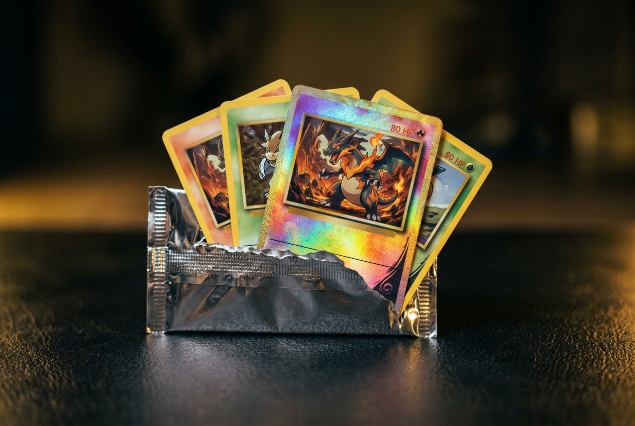 Een geopende Pokémon-booster met een glanzende reverse holo-kaart