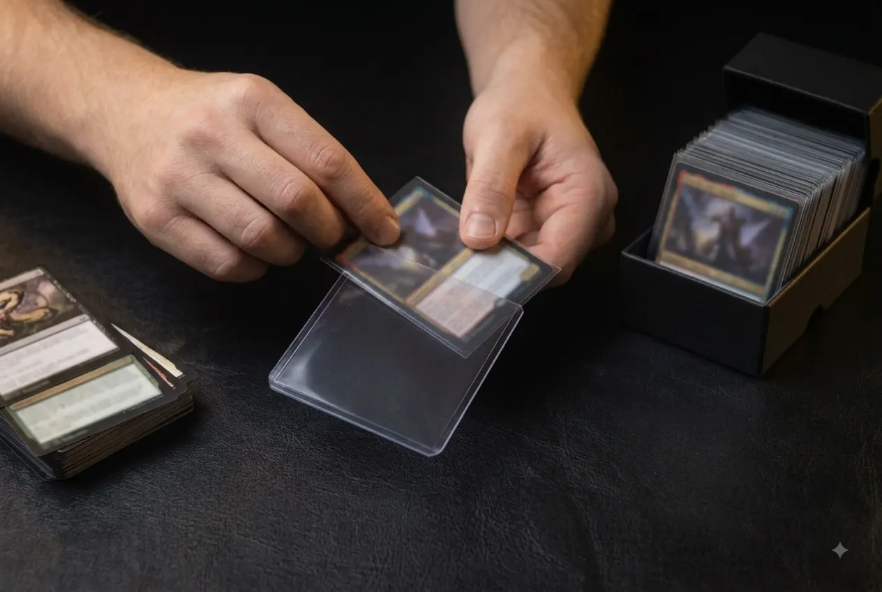 Kaarten uit een battle deck worden in sleeves gestoken naast een deck box