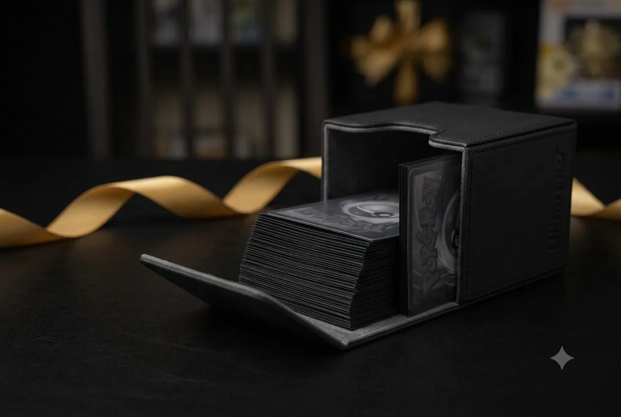 Sleeved Pokémon cards going into a deck box