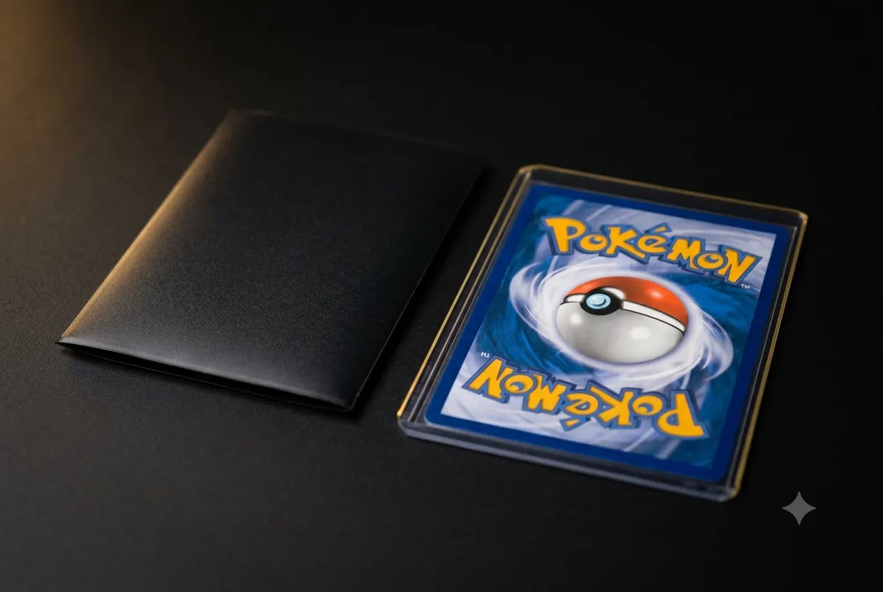 Zwarte deck protector met ondoorzichtige achterkant naast een kaart in een doorzichtige sleeve